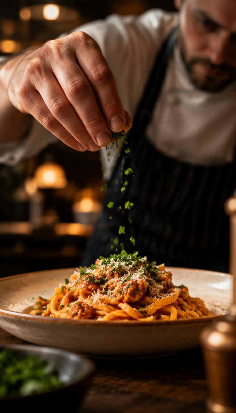 Chef plating pasta